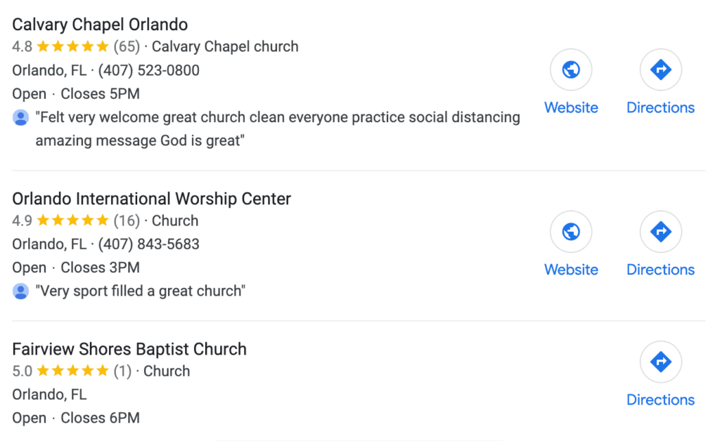 List of Churches from a Google Search Prompt