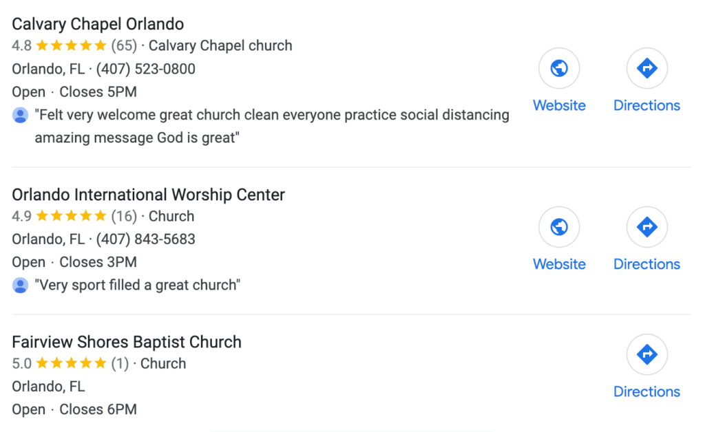 List of Churches from a Google Search Prompt