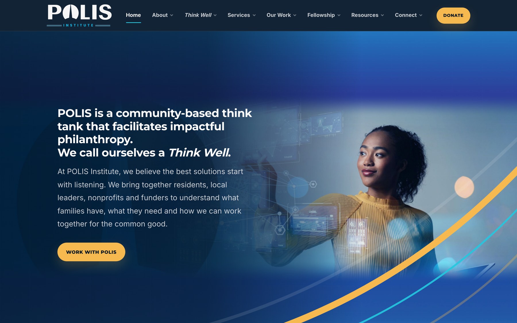 The rebuilt POLIS Institute homepage leading with a full definition of the organization