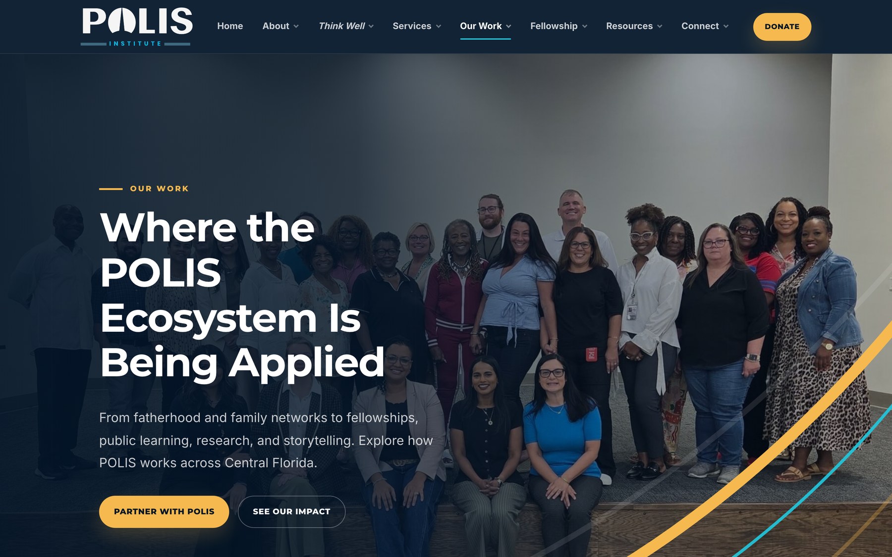 The rebuilt Our Work page leading with a photograph of a POLIS convening