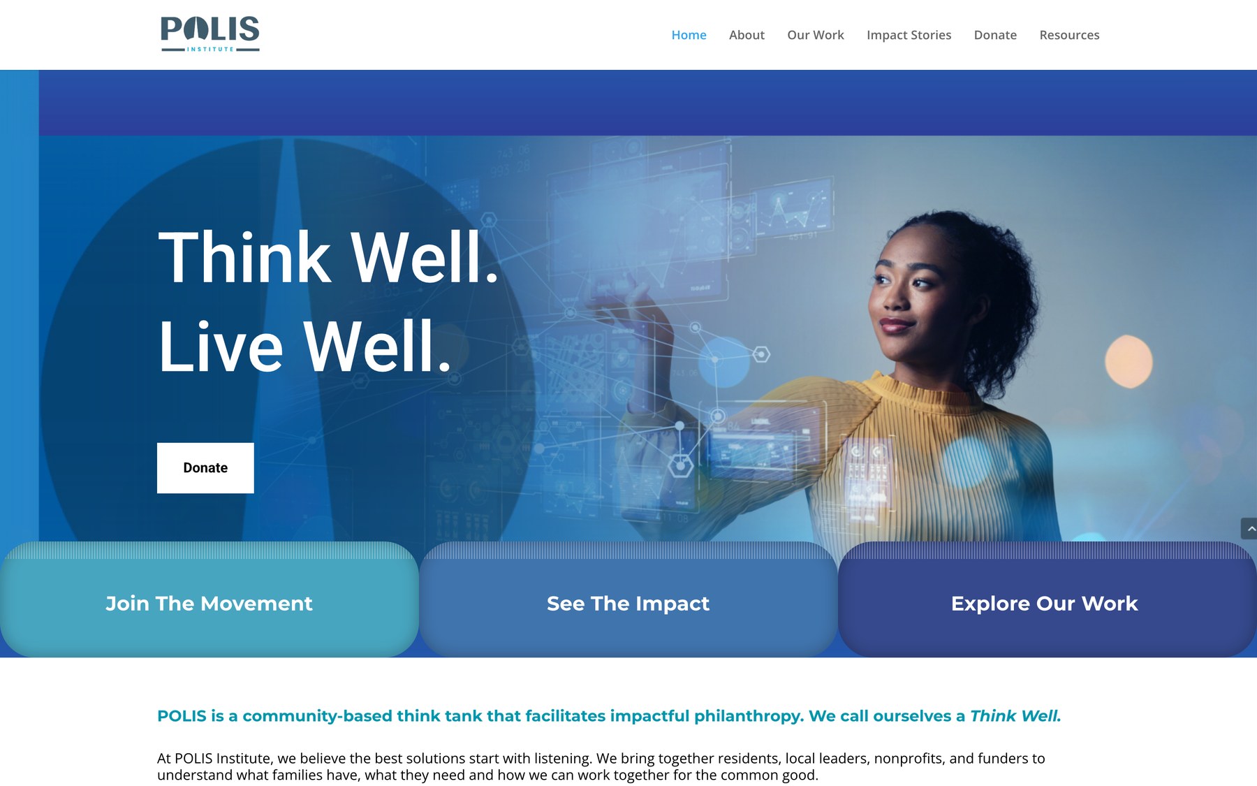 The previous POLIS Institute homepage with a stock hero image and three gradient buttons