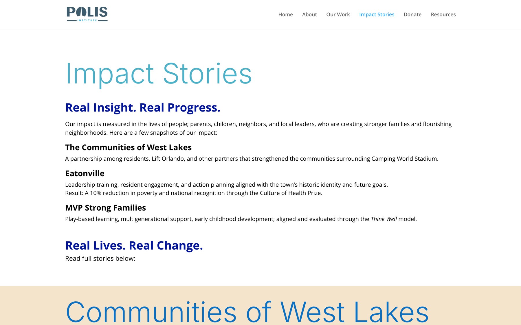 The previous Impact Stories page listing every case study as stacked paragraphs