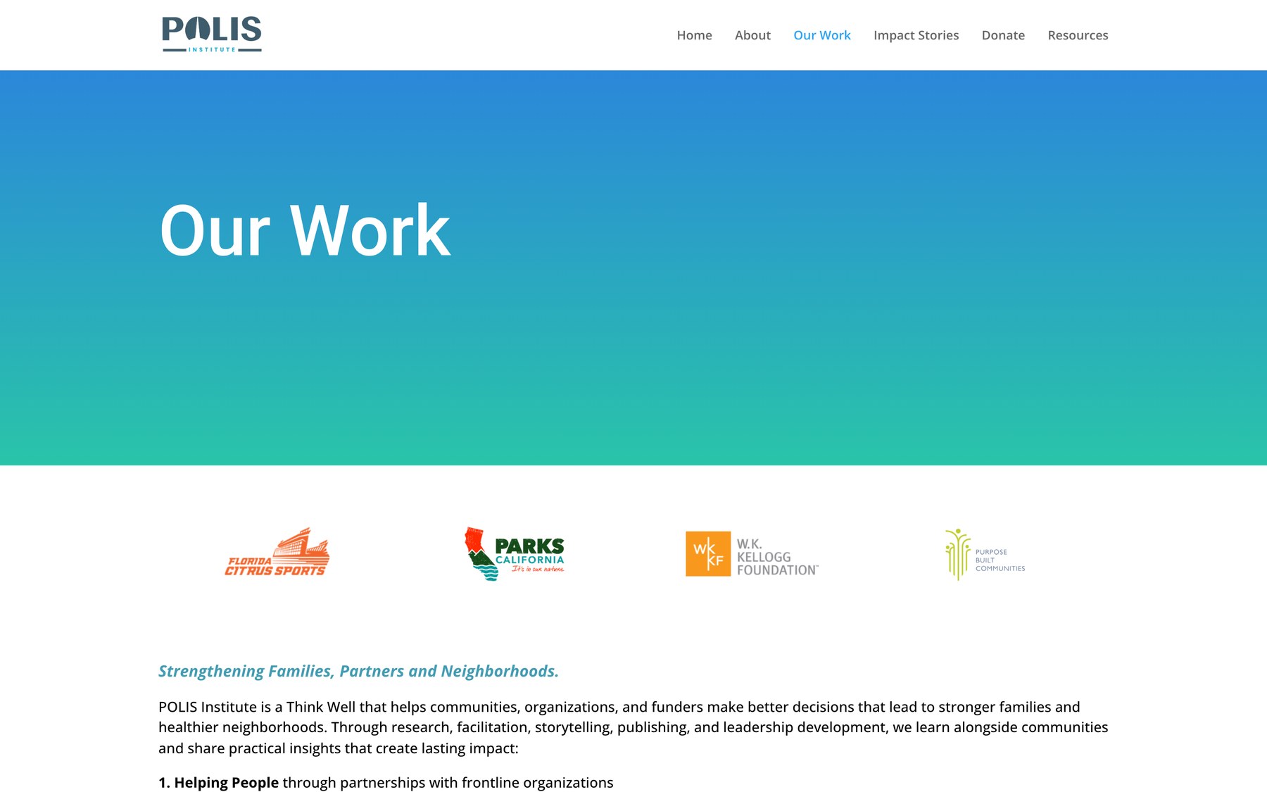 The previous Our Work page with a plain gradient banner and a list of partner logos