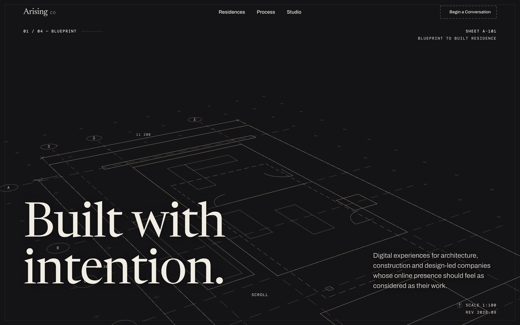 Flat blueprint linework at the top of the page
