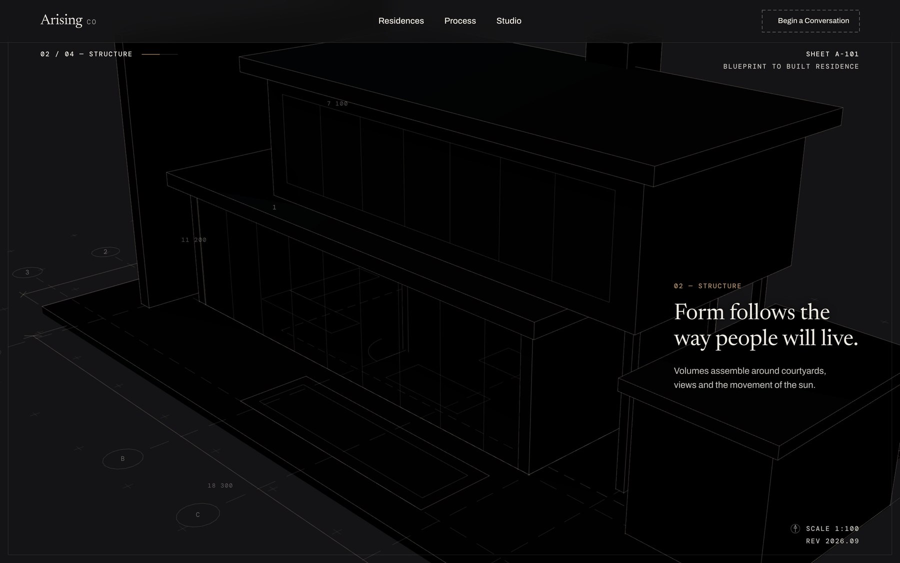 Wireframe resolving into solid massing