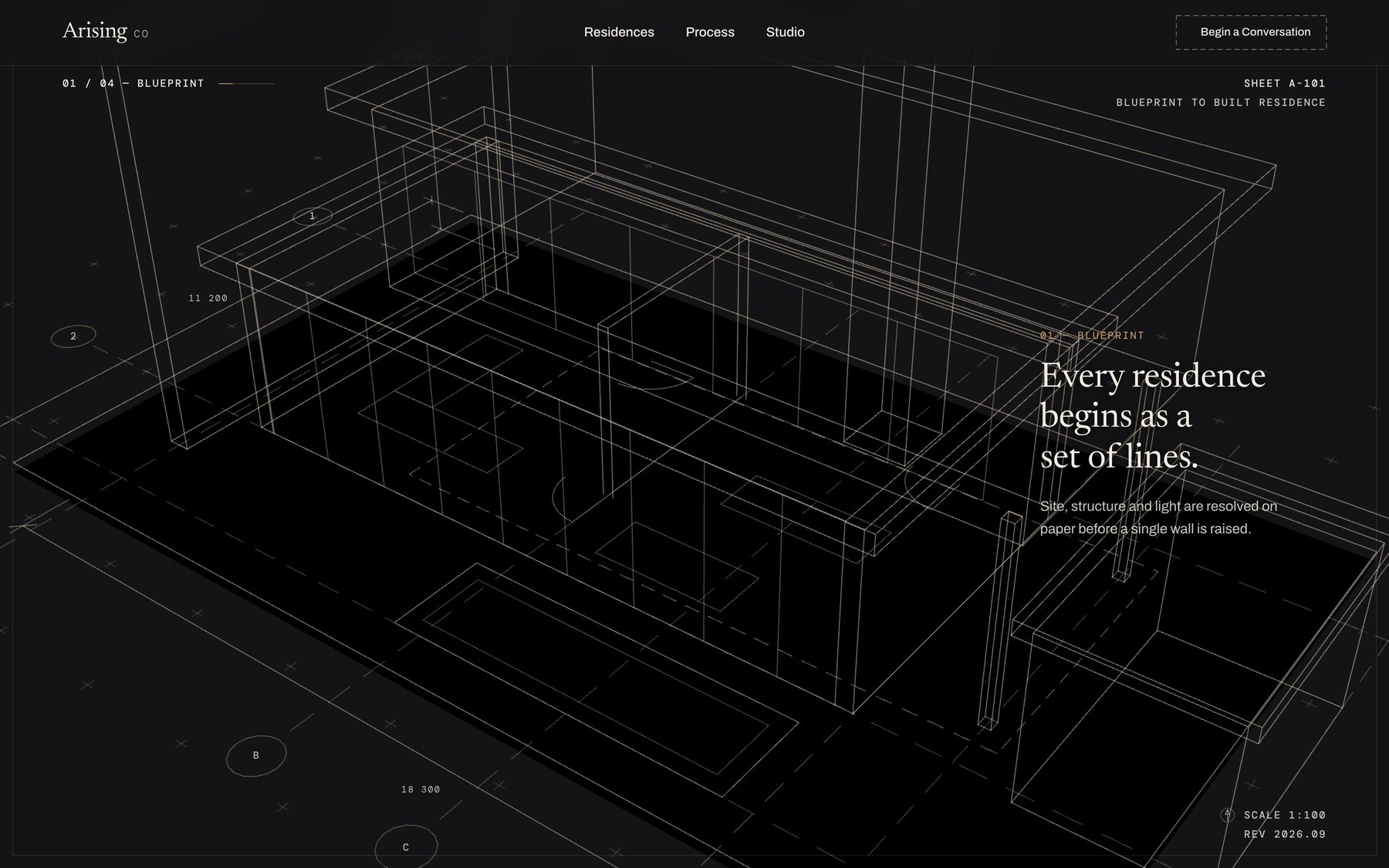 Blueprint lifting into a dimensional wireframe