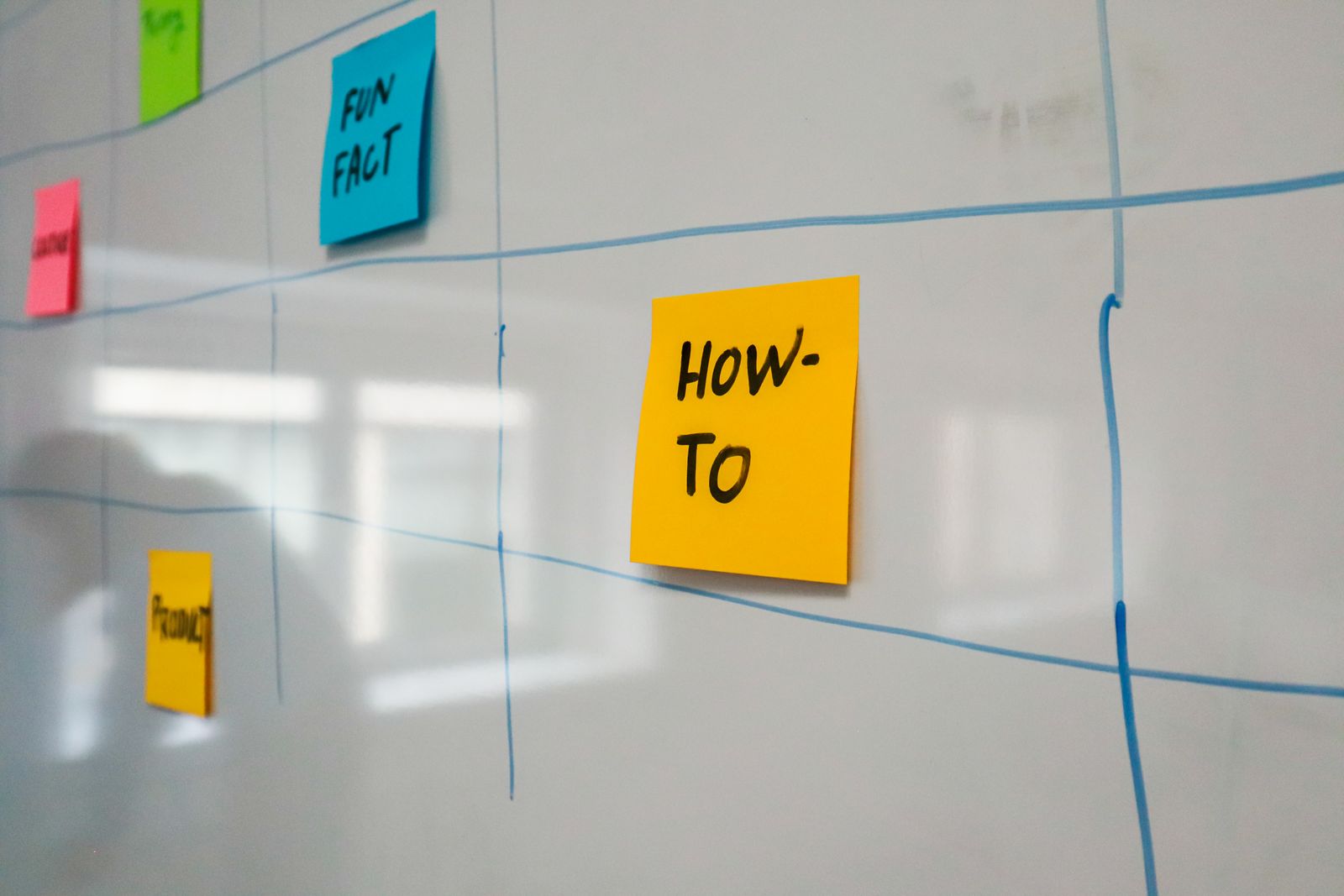 Colored sticky notes arranged on a whiteboard content calendar