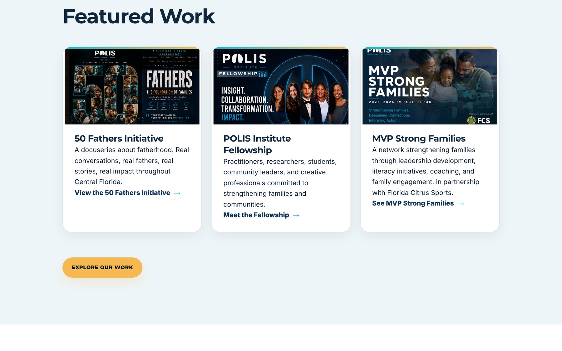 Featured Work and Stories From the Work sections on the new POLIS homepage