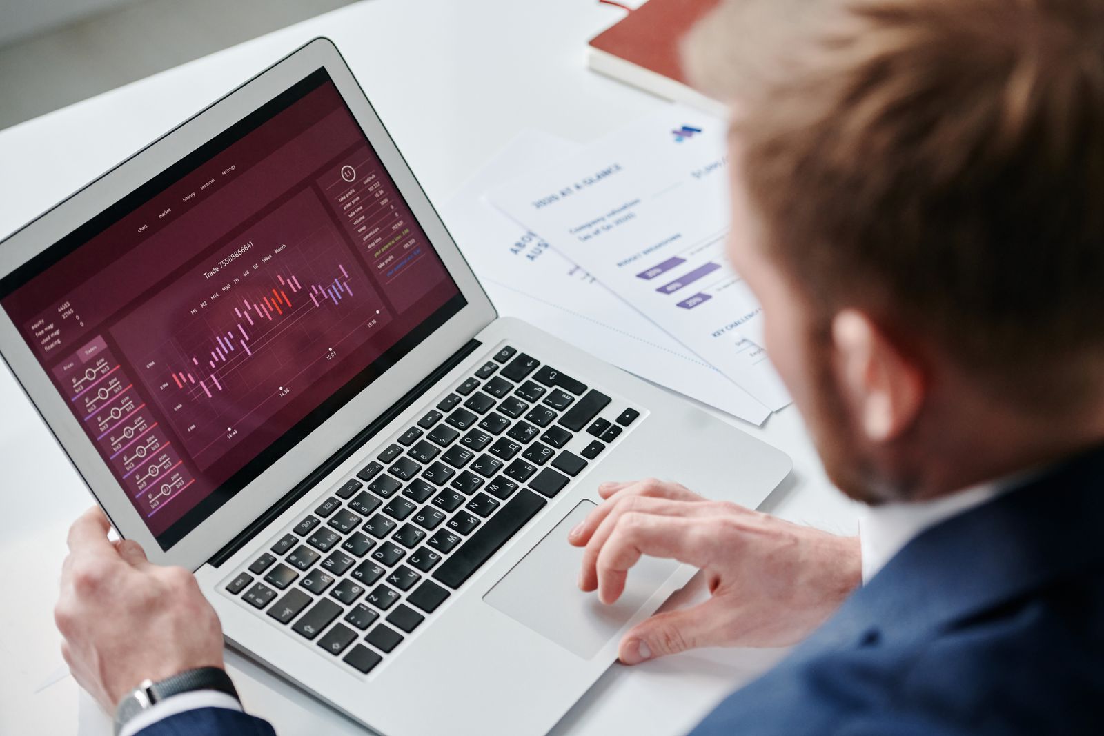 A person reviewing a performance dashboard on a laptop at a desk