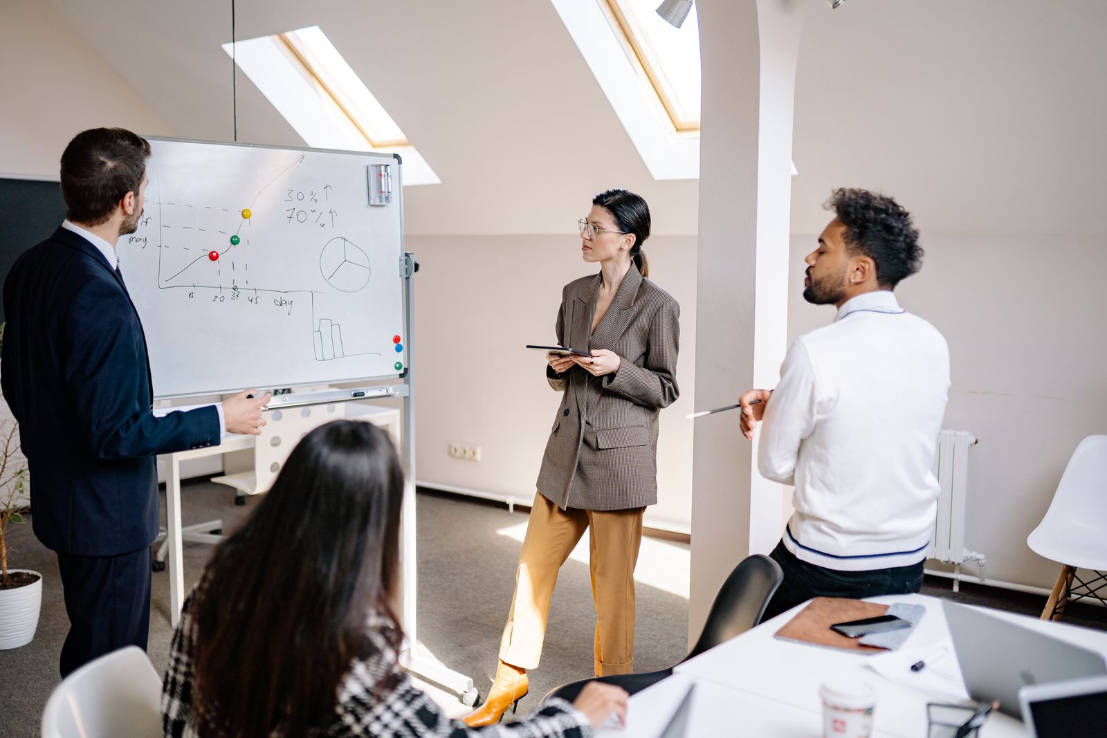 A marketing team reviewing a growth chart on a whiteboard during a strategy session