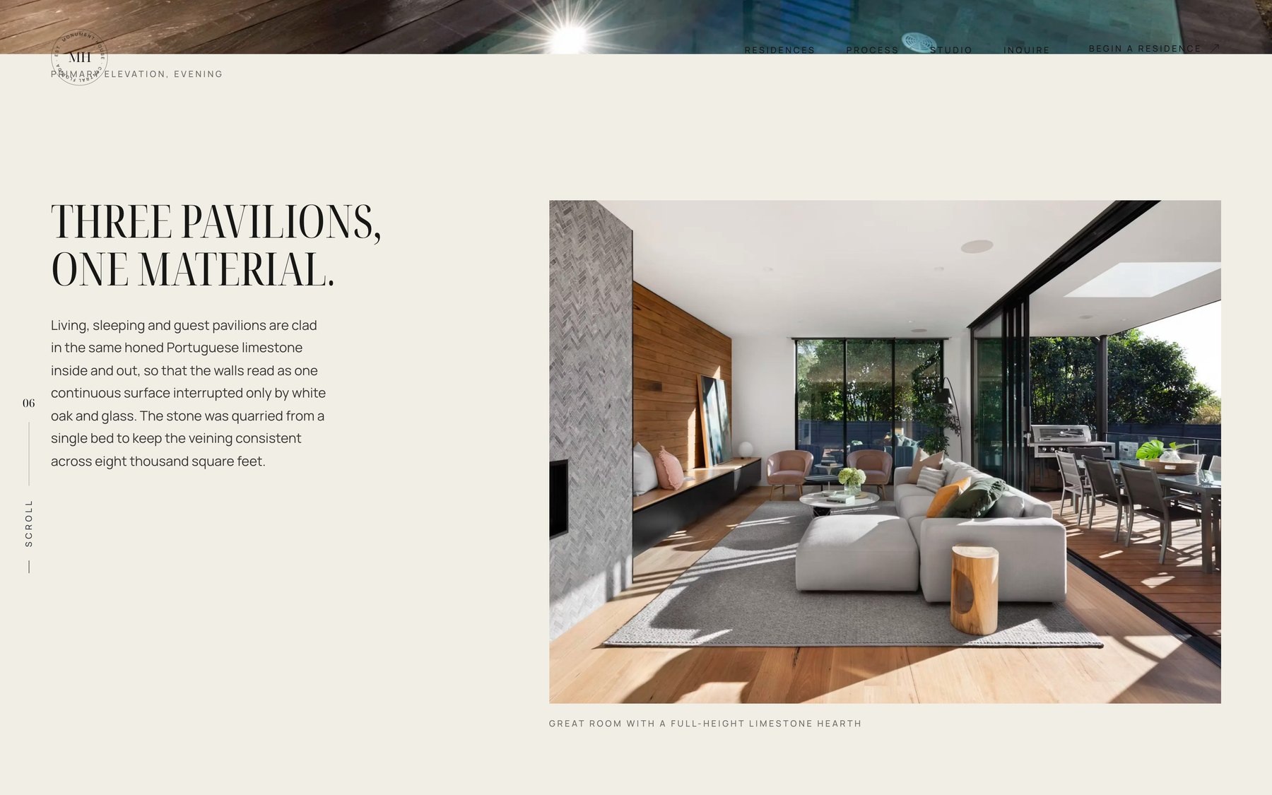 Three pavilions one material section with interior photography