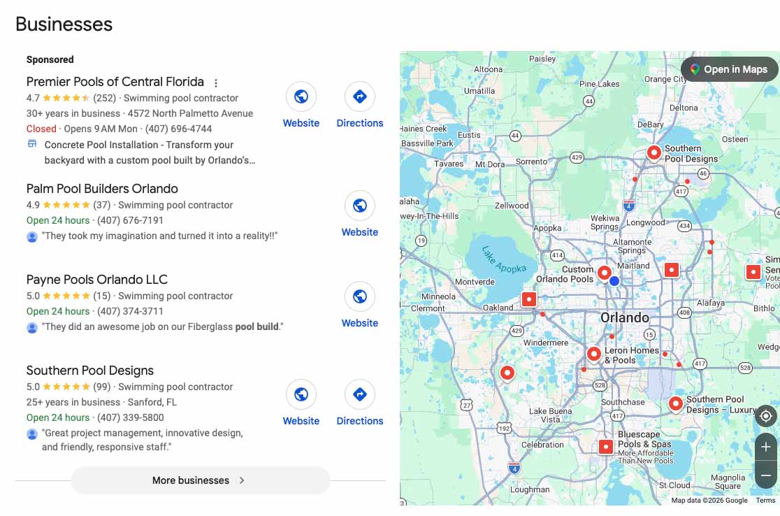 The Google map pack for a pool builder search