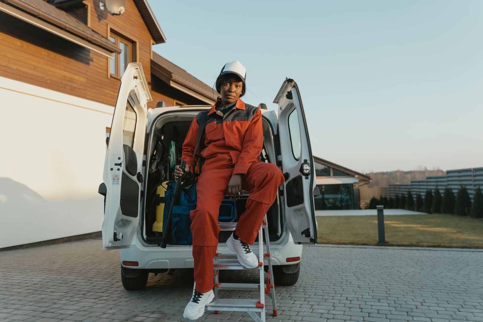 Home service technician with a work van outside a residential property