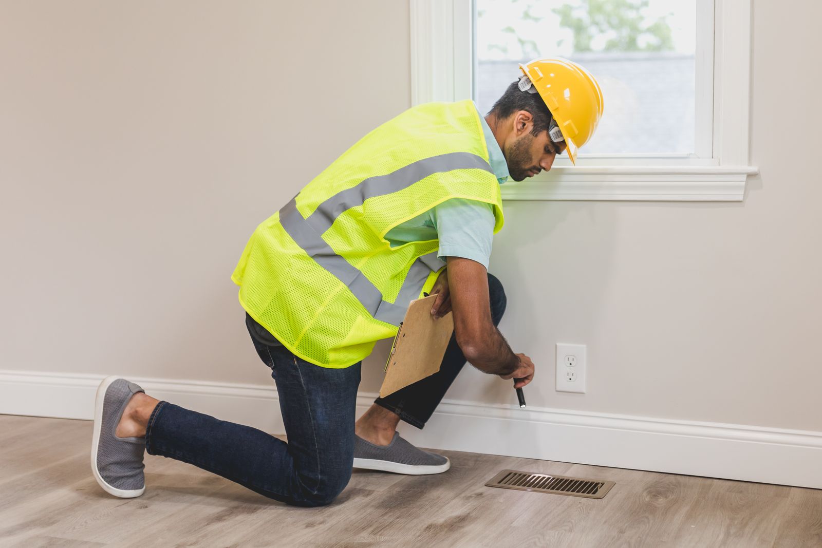 Technician inspecting a baseboard and floor vent during a home pest inspection
