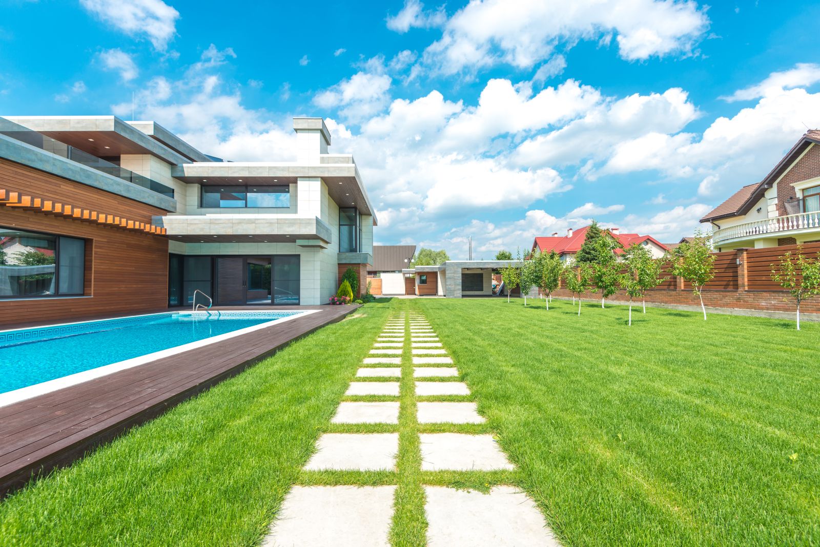 Finished backyard pool and lawn at a modern residential property